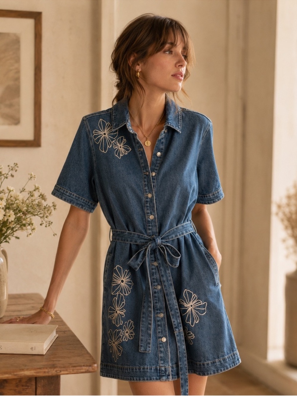 NWT S Free Assembly Denim Short-Sleeve Shirt Dress with Floral Embroidery - Blue